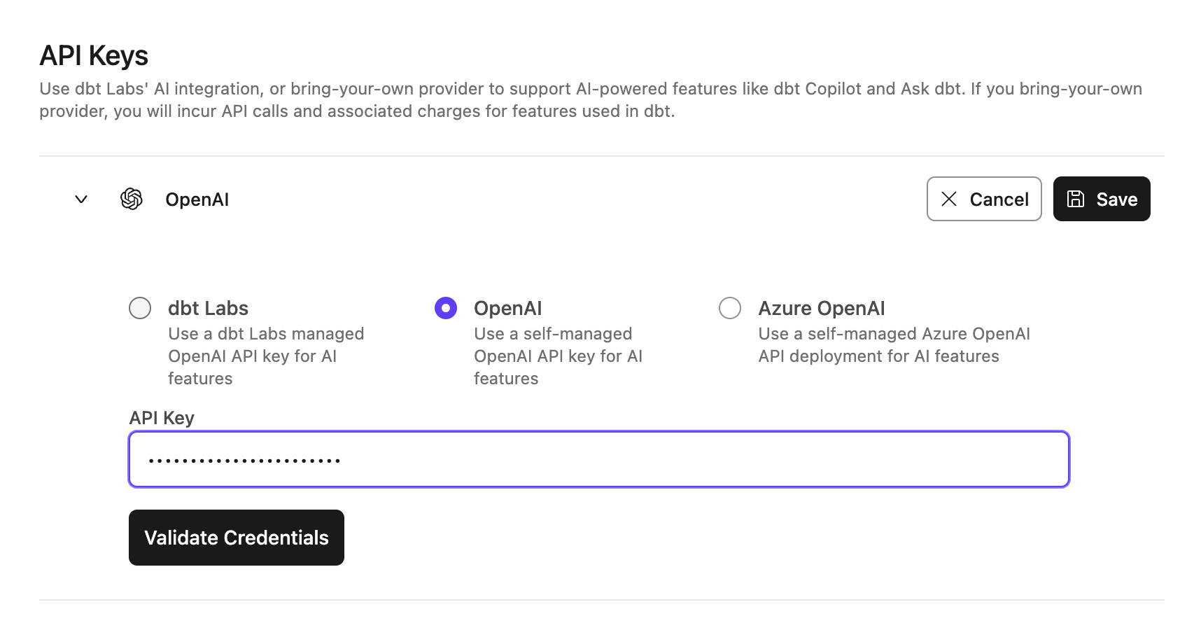 Example of the OpenAI integration page Example of the OpenAI integration page